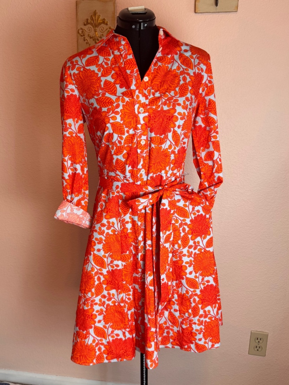 Resort Vacation Orange Floral L/S Collared Knee Length Fit & Flare Dress Sz 2R